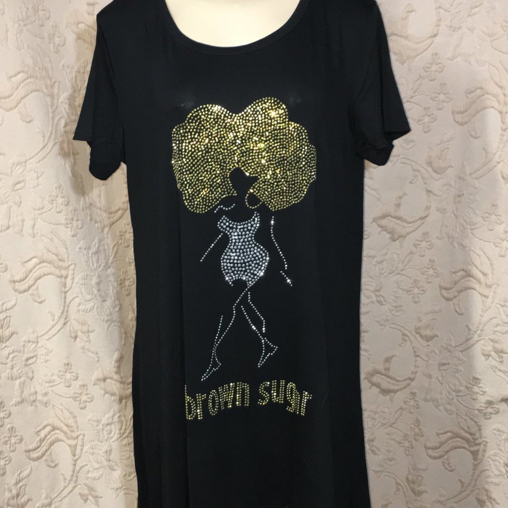 Black Short Sleeve Studded T Shirt Brown Sugar (W)